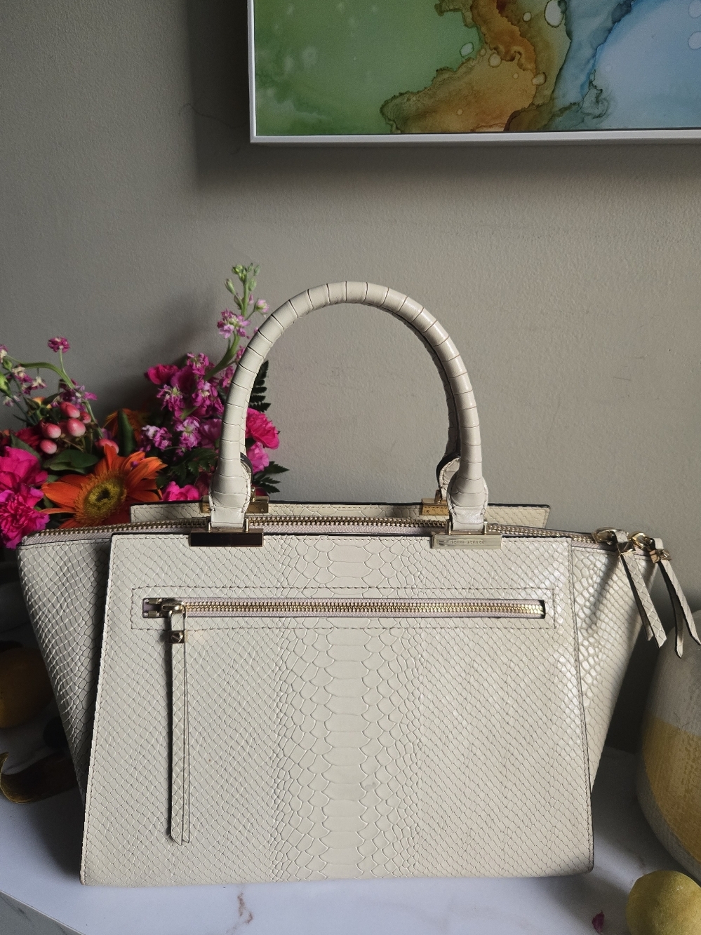 GUC Henri Bendel Snake Skin Embossed Cream Leather Handbag